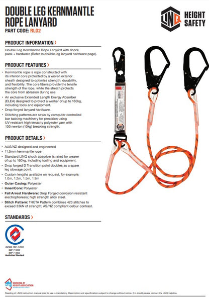 Linq Double Leg Kernmantle 2m Shock Absorb Rope Lanyard - Plus Hardware Made To Order