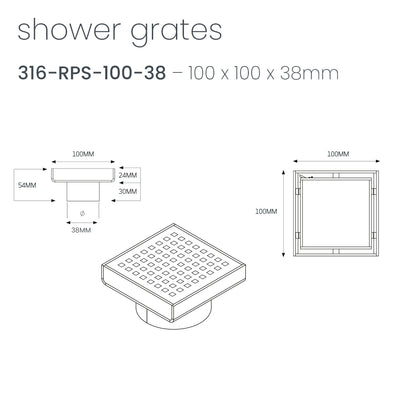 Radiant 316 Stainless Steel Square Patterned Floor Waste 100mm x 100mm - 3 Outlet Sizes