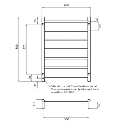 Radiant Heated Towel Rail (RTR01) 600mm x 800mm - 7 Round Bars - Multiple Colour Finishes