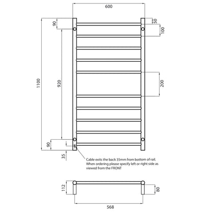 Radiant Heated Towel Rail (RTR02) 600mm x 1100mm 10 Round Bars - Multiple Colour Finishes