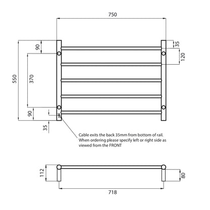 Radiant Heated Towel Rail (RTR03) 750mm x 550mm 5 Round bars - Multiple Colour Finishes
