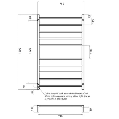 Radiant Heated Towel Rail (RTR04) 750mm x 1200mm - 10 Round Bars - Multiple Colour Finishes