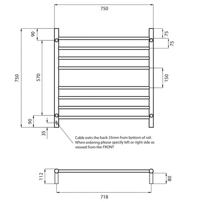 Radiant Heated Towel Rail (RTR06) 750mm x 750mm - 8 Round Bars - Multiple Colour Finishes