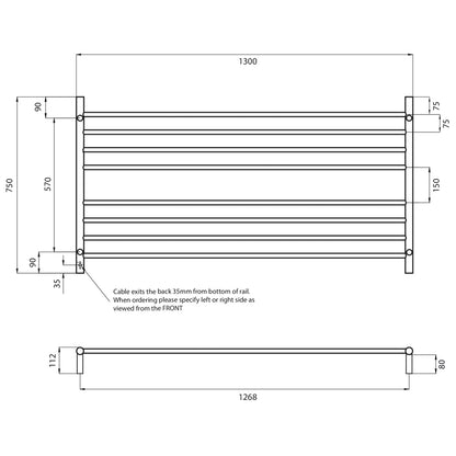 Radiant Heated Towel Rail (RTR09) 1300mm x 750mm - 8 Round Bars - Mirror Polished