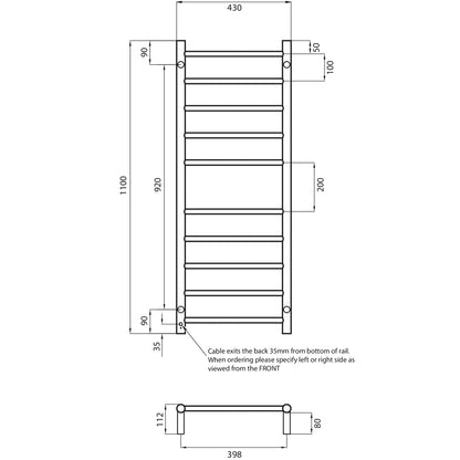 Radiant LOW Voltage Heated Towel Rail (12V-RTR430) 430mm x 1100mm - 10 bars (ROUND) - Multiple Colour Finishes