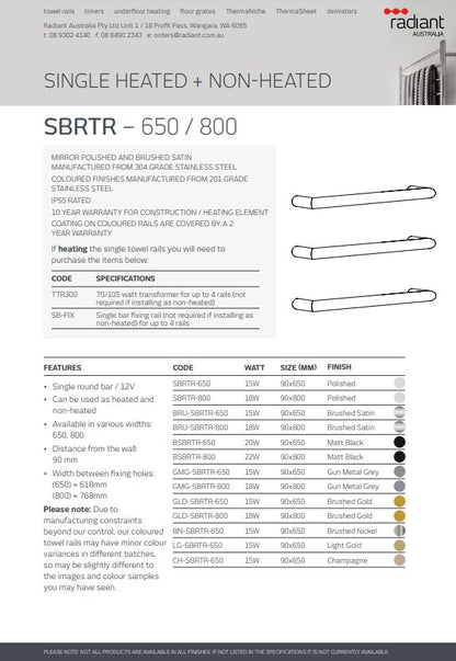Radiant Single ROUND Bar Heated Towel Rail Kits (SBRTR) - Various Widths, Colour Finishes and Number of Bars Available