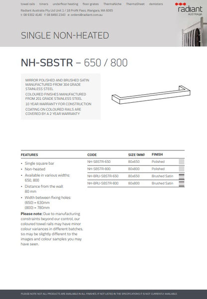 Radiant Single SQUARE Bar NON-HEATED Towel Rail Kits (SBSTR) - Various Widths and Colour Finishes