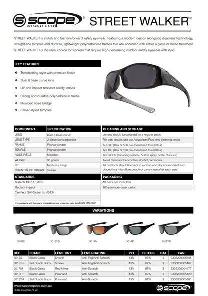 Scope Street Walker Safety Glasses - 3 Lens and Frame Colour Options