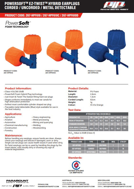 Powersoft Mega T-Fit and Ez-Twist EarPlugs Corded and Uncorded - Various Pack Quantities