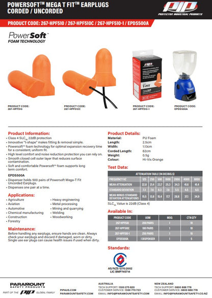 Powersoft Mega T-Fit and Ez-Twist EarPlugs Corded and Uncorded - Various Pack Quantities