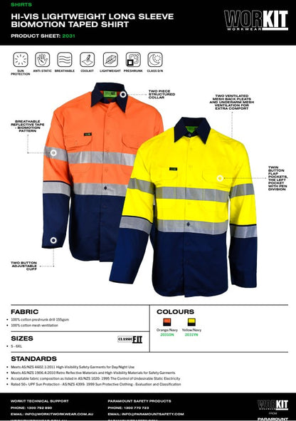 Hi Vis Lightweight Long Sleeve Biomotion Taped Shirt - 2 Colour Options in Various Sizes