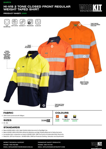 Hi Vis 2 Tone Closed Front Regular Weight Taped Shirt - 3 Colour Options in Various Sizes