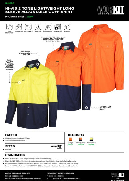 Hi Vis Lightweight Adjustable Cuff Shirt - 3 Colour Options Various Sizes