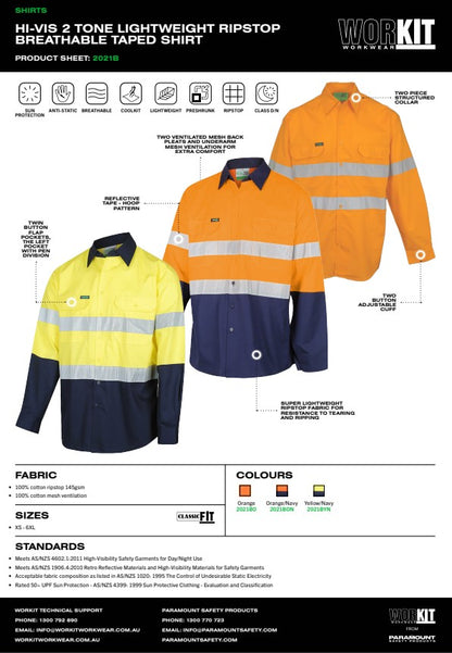Hi Vis 2 Tone Lightweight Ripstop Breathable Taped Shirt - 3 Colour Options in Various Sizes