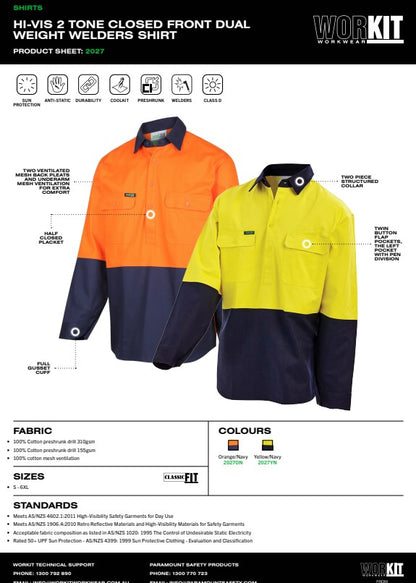 Hi Vis 2 Tone Closed Front Dual Weight Welders Shirt - 2 Colour Options in Various Sizes
