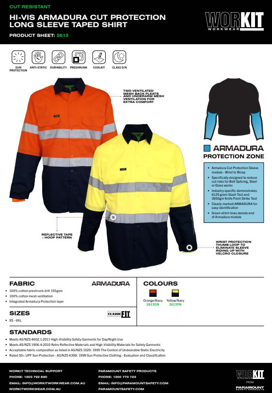 Hi Vis Armadura Cut Protection Long Sleeve Taped Shirt - 2 Colour Options in Various Sizes