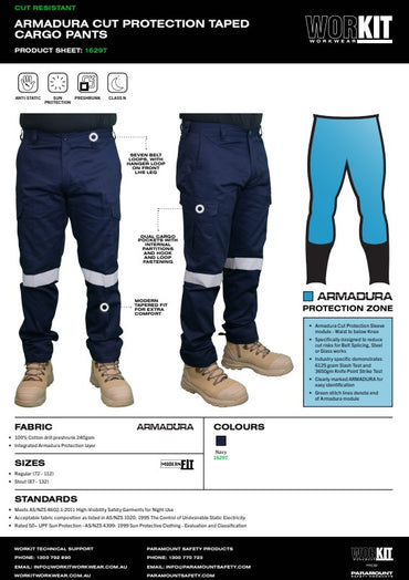 Armadura Cut Protection Modern Fit Taped Navy Blue Cargo Pants - Various Sizes