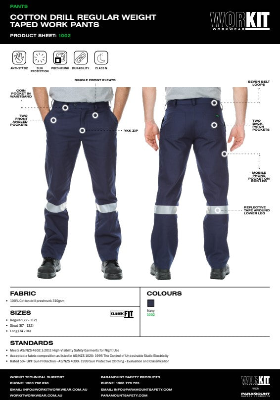 Cotton Drill Regular Weight Taped Navy Work Pants - Various Sizes