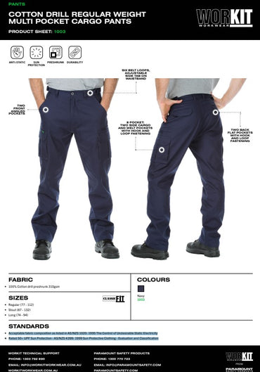 Cotton Drill Regular Weight Multi Pocket Navy Cargo Pants - Various Sizes