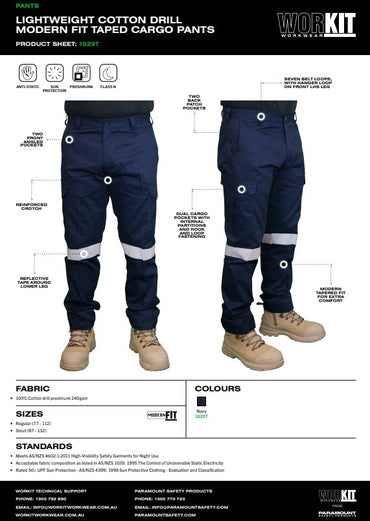 Lightweight Cotton Drill Modern Fit Taped Navy Cargo Pants - in Various Sizes