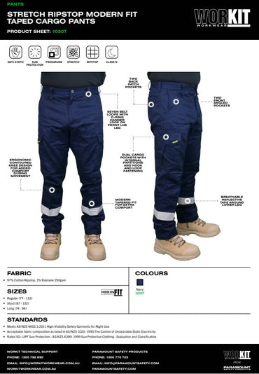 Stretch Ripstop Modern Fit Taped Navy Cargo Pants - in Various Sizes