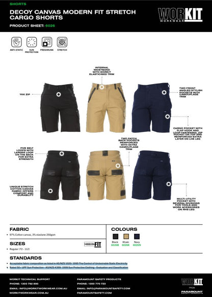Decoy Canvas Modern Fit Stretch Cargo Shorts - 3 Colour Options in Various Sizes