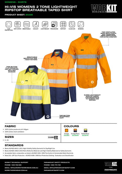 Womens Hi Vis Lightweight Ripstop Breathable Taped Shirt - 3 Colour Options in Various Sizes
