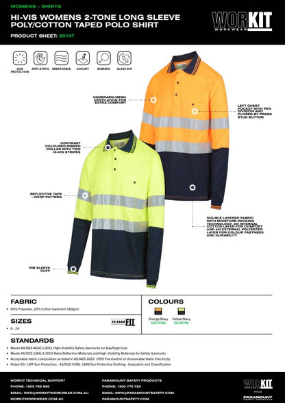 Womens Long Sleeve Hi Vis Poly Cotton Taped Polo Shirt - 2 Colour Options in Various Sizes