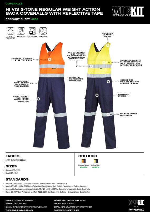 Hi Vis 2-Tone Regular Weight Action Back Coverall with Reflective Tape  - 2 Colour Options in Various Sizes