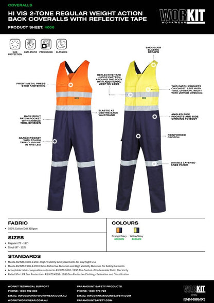 Hi Vis 2-Tone Regular Weight Action Back Coverall with Reflective Tape  - 2 Colour Options in Various Sizes
