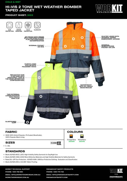 Hi Vis 2 Tone Wet Weather Bomber Taped Jacket - 2 Colour Options in Various Sizes