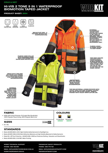 Hi Vis Taped 2 Tone 5 in 1 Biomotion Jacket - 2 Colour Options in Various Sizes