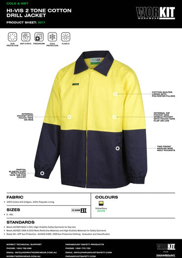 Hi Vis Cotton Drill Yellow & Navy Jacket - Various Sizes