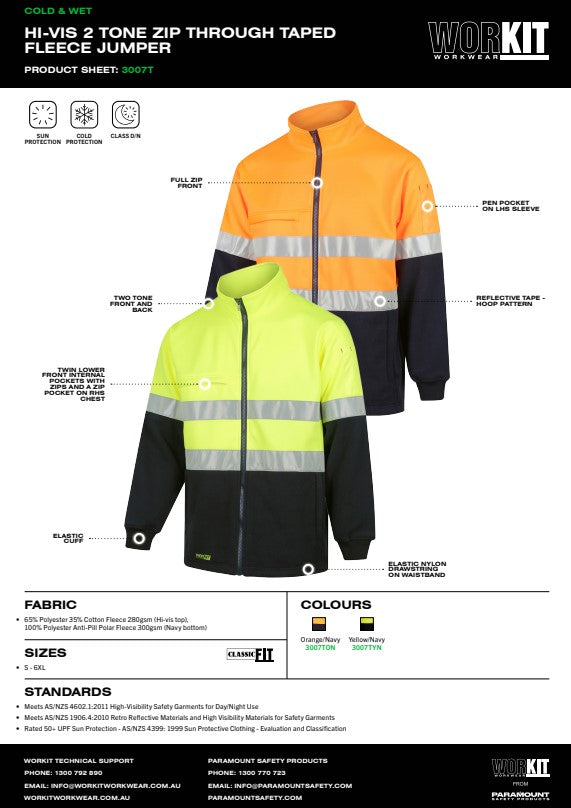 Hi Vis 2 Tone Zip Through Taped Fleece Jumper - 2 Colour Options in Various Sizes