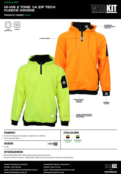 Hi Vis 2 Tone 1/4 Zip Tech Fleece Hoodie - 2 Colour Options in Various Sizes