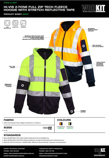 Womens Hi Vis Full Zip Tech Fleece Taped Hoodie - 2 Colour Options in Various Sizes