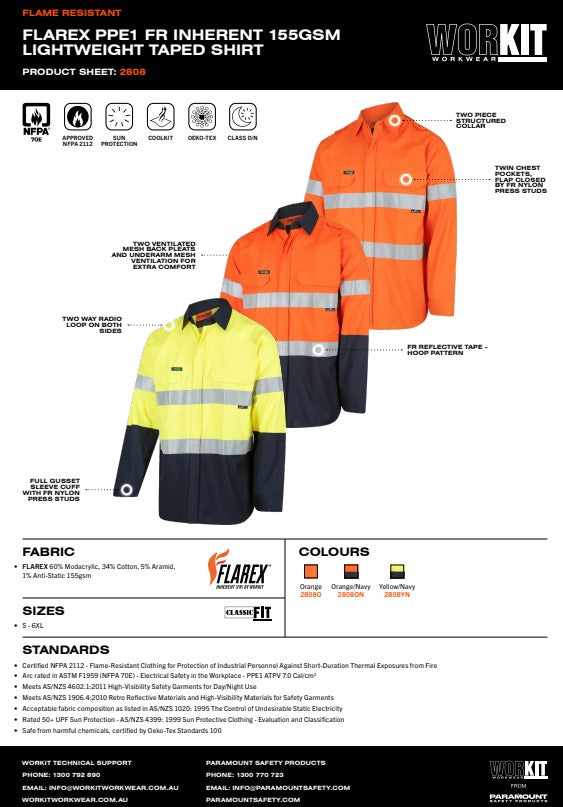 FLAREX PPE1 FR Inherent 155gsm Lightweight Taped Shirt - 3 Colour Options in Various Sizes