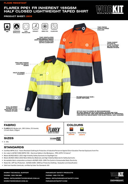 FLAREX PPE1 FR Inherent Closed Front NENS09 155gsm Lightweight Taped Shirt - 2 Colour Options in Various Sizes