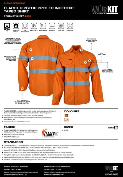 FLAREX RIPSTOP PPE2 FR Inherent 197gsm Taped Orange Shirt - Various Sizes