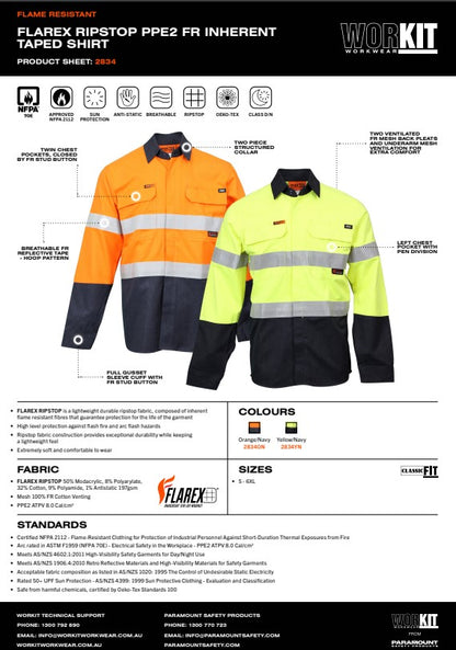 FLAREX RIPSTOP PPE2 FR Inherent 197gsm Taped Shirt - 2 Colour Options in Various Sizes
