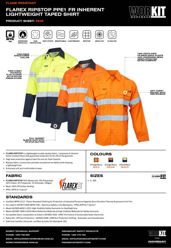 FLAREX RipStop PPE1 Flame Resistant Inherent 155gsm Lightweight Taped Shirt - 3 Colour Options in Various Sizes