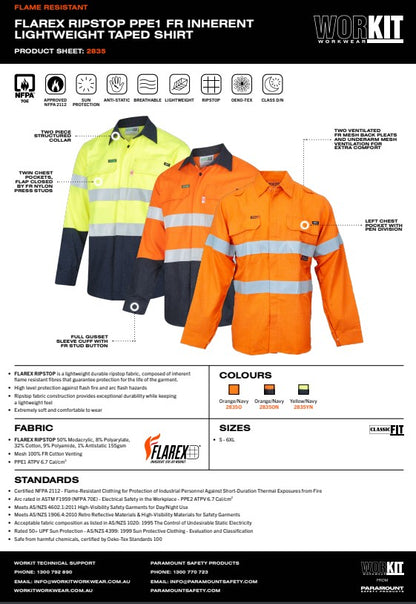 FLAREX RipStop PPE1 Flame Resistant Inherent 155gsm Lightweight Taped Shirt - 3 Colour Options in Various Sizes