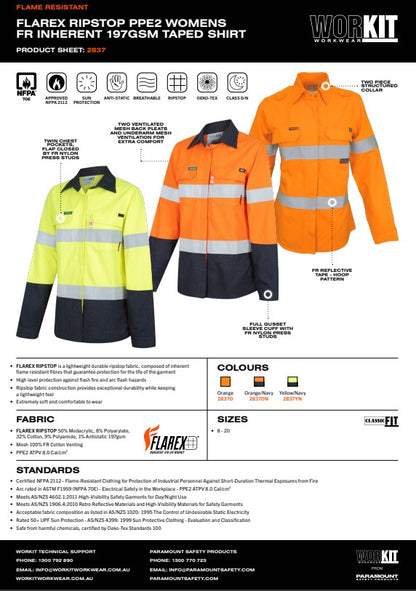 Womens FLAREX RIPSTOP PPE2 FR Inherent 197gsm Taped Shirt - Various Sizes