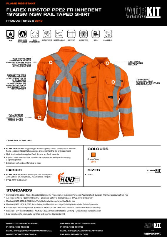FLAREX RipStop PPE2 FR Inherent 197gsm NSW Rail Taped Orange Shirt - Various Sizes