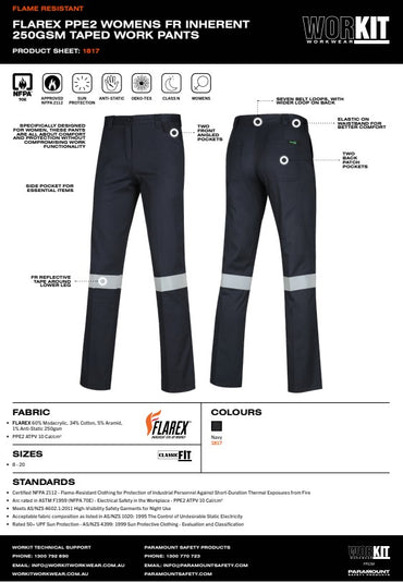 Womens FLAREX PPE2 FR Inherent 250gsm Taped Navy Pants - Various Sizes
