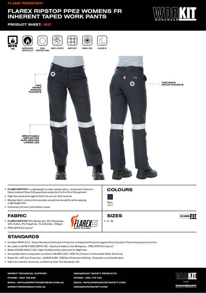 Womens FLAREX RIPSTOP PPE2 FR Inherent 197gsm Taped Navy Work Pants - Various Sizes
