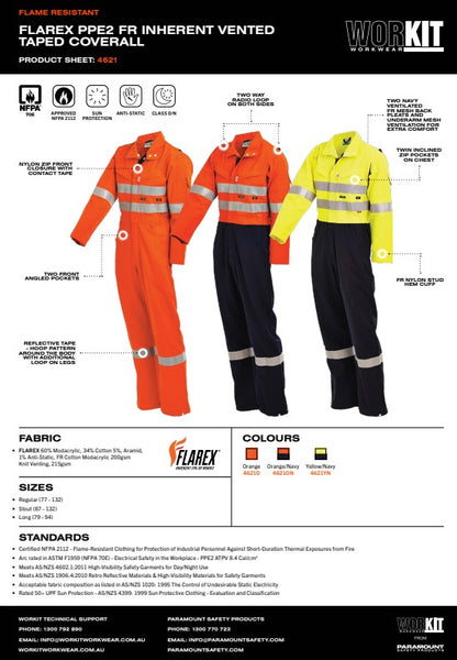 PPE2 FLAREX Flame Resistant Inherent 215gsm Vented Taped Coverall - 3 Colour Options in Various Sizes