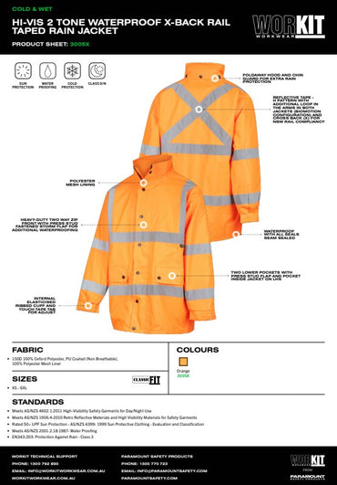 Hi-Vis 2 Tone Waterproof X-Back Rail Taped Rain Jacket - Various Sizes