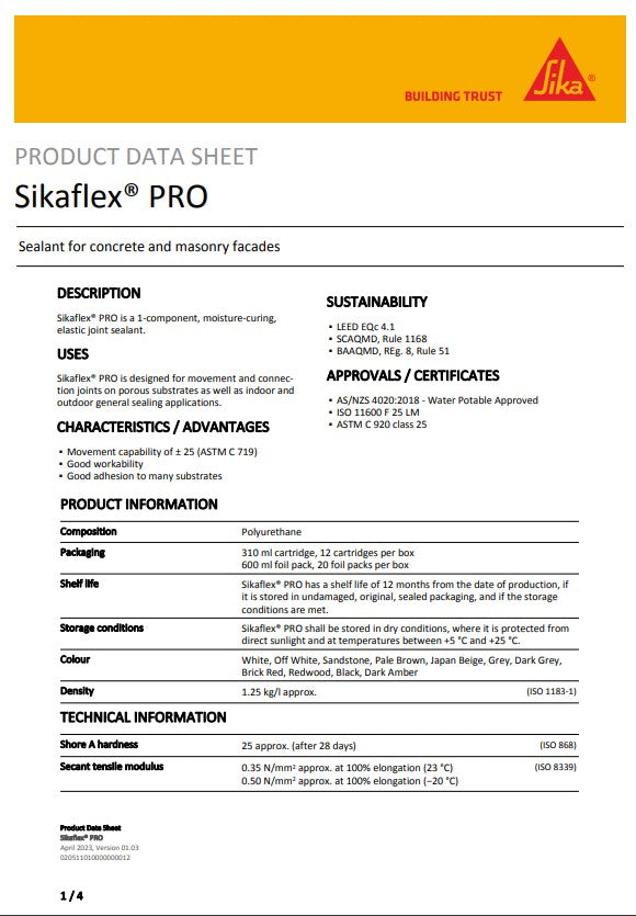 SikaFlex PRO Sealant 310ml Cartridges 600ml Sausages in Various Colours