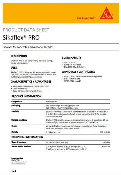 SikaFlex PRO Sealant 310ml Cartridges 600ml Sausages in Various Colours